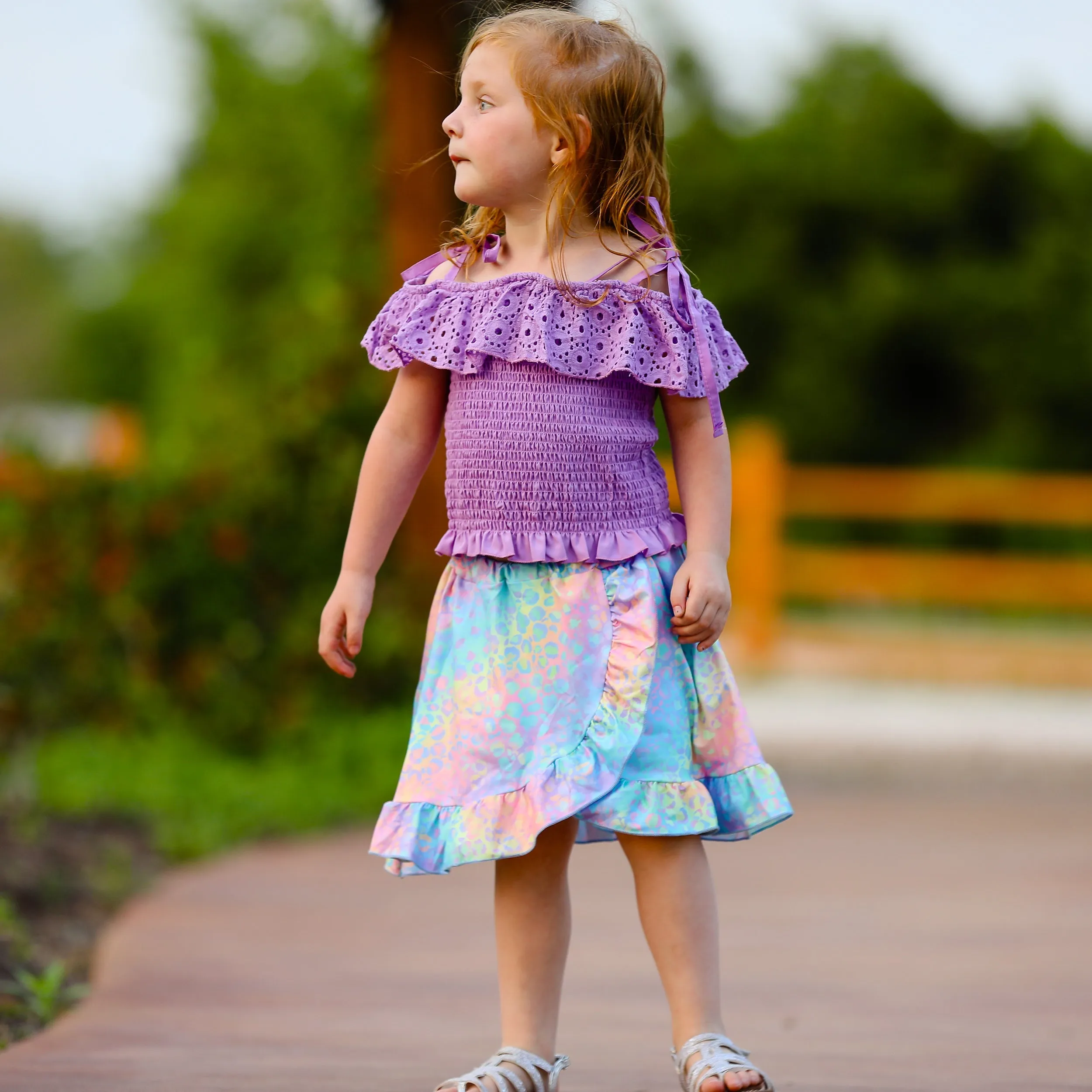 AL Limited Little & Big Girls Purple Eyelet Smocked Top and Tie Dye Skirt