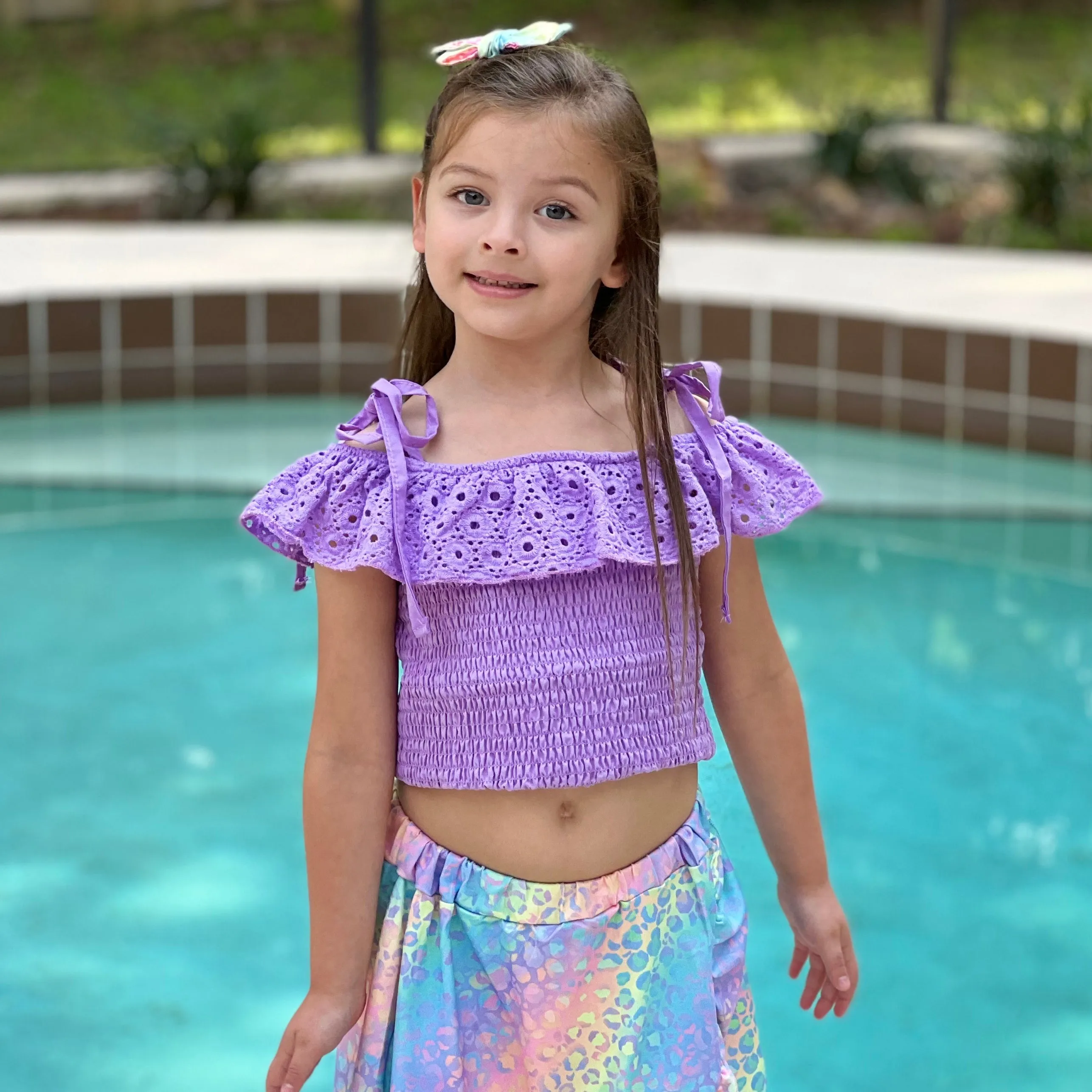 AL Limited Little & Big Girls Purple Eyelet Smocked Top and Tie Dye Skirt