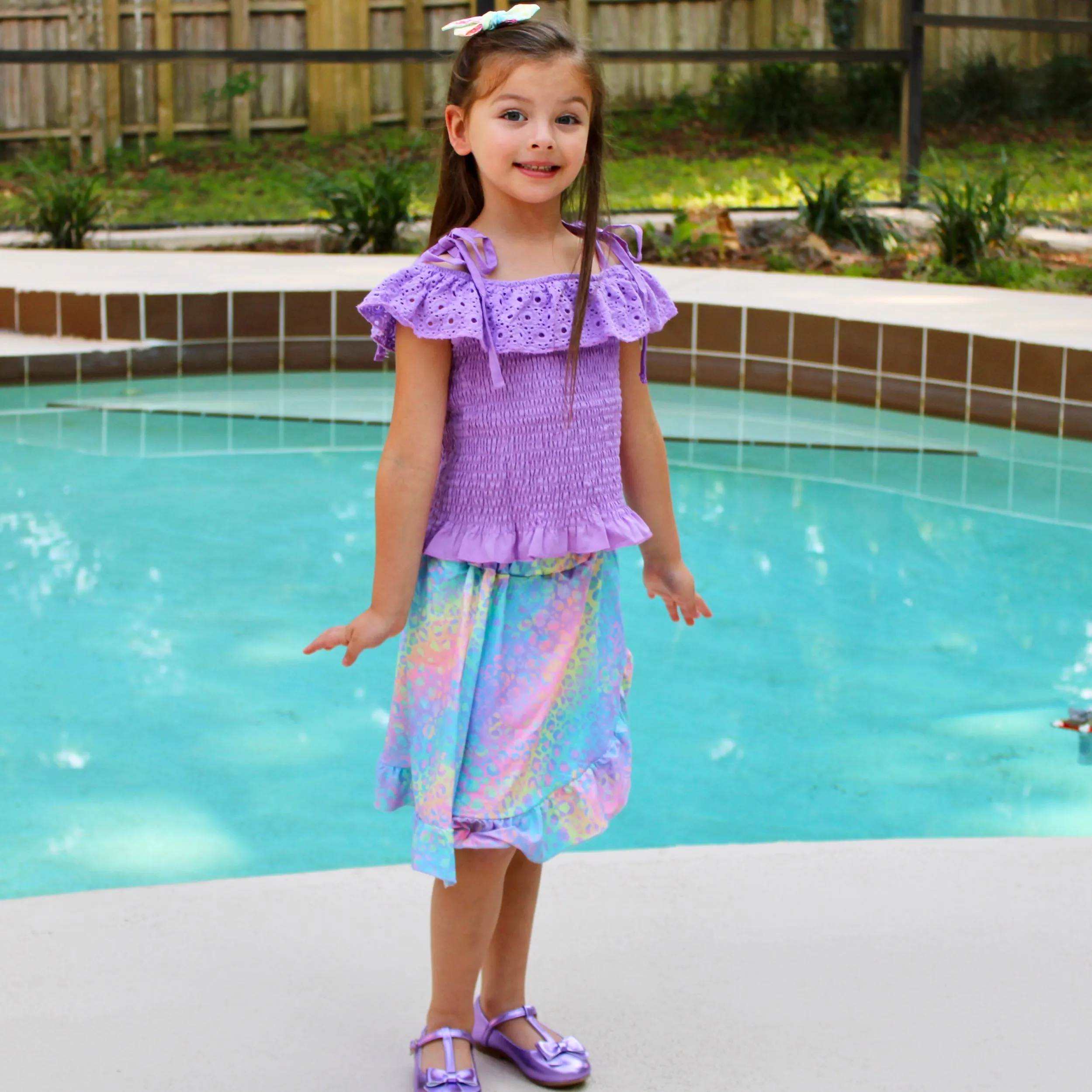 AL Limited Little & Big Girls Purple Eyelet Smocked Top and Tie Dye Skirt
