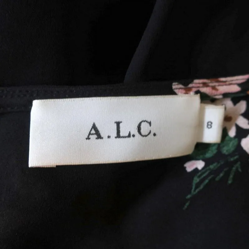 A.L.C. Maxi Dress Zaydena Black Floral Print Ruffled Silk Size 8 Spaghetti Strap