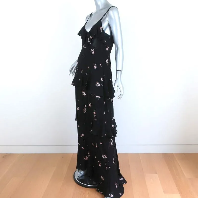 A.L.C. Maxi Dress Zaydena Black Floral Print Ruffled Silk Size 8 Spaghetti Strap