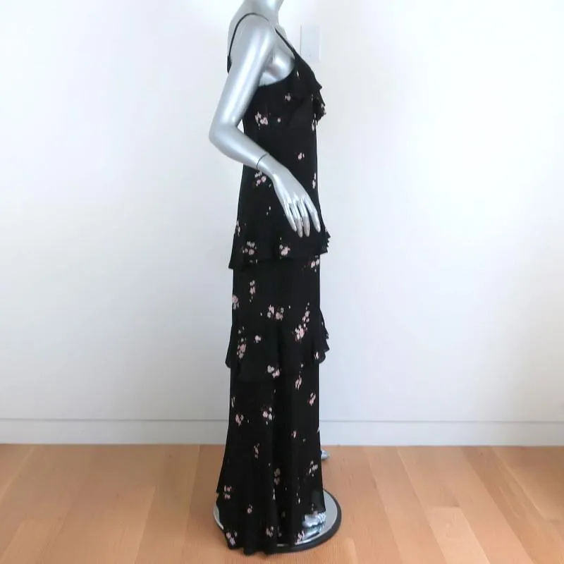 A.L.C. Maxi Dress Zaydena Black Floral Print Ruffled Silk Size 8 Spaghetti Strap