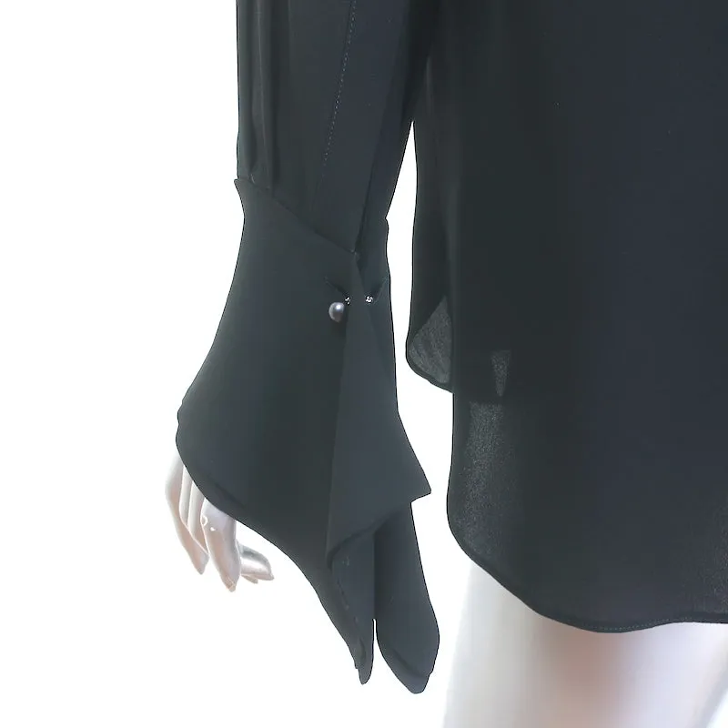 Alexander McQueen Ruffled Silk Crepe Blouse Black Size 40 French Cuff Top