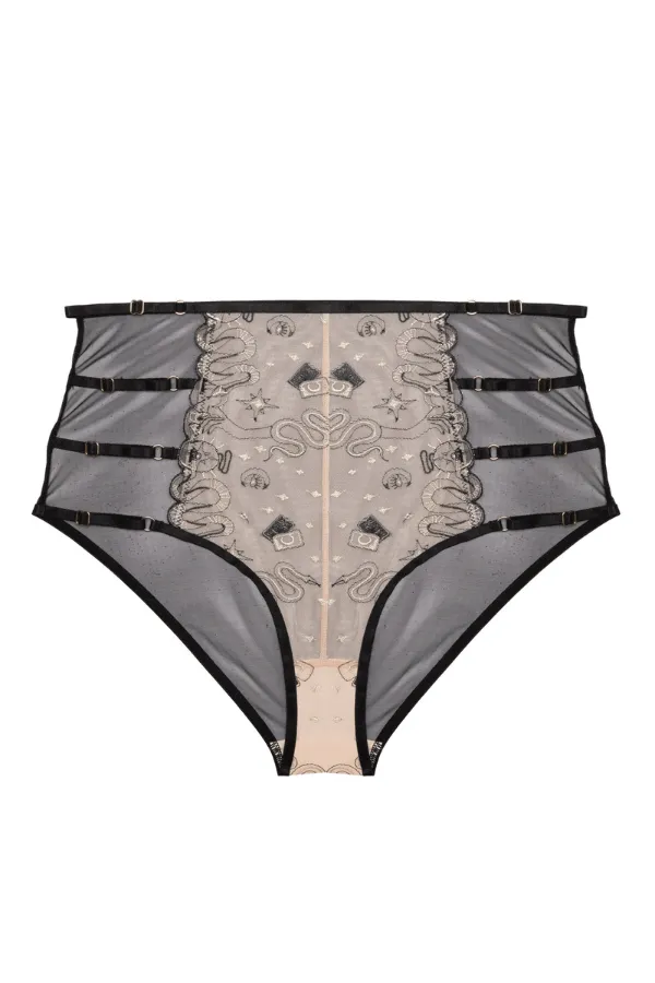 Anna Mystical Embroidery High Waisted Brief - Black/Gold/Nude