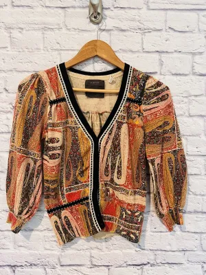 ANTHROPOLOGIE Guinevere Womens Cardigan Top Sz S Paisley Ribbon Detail Boho