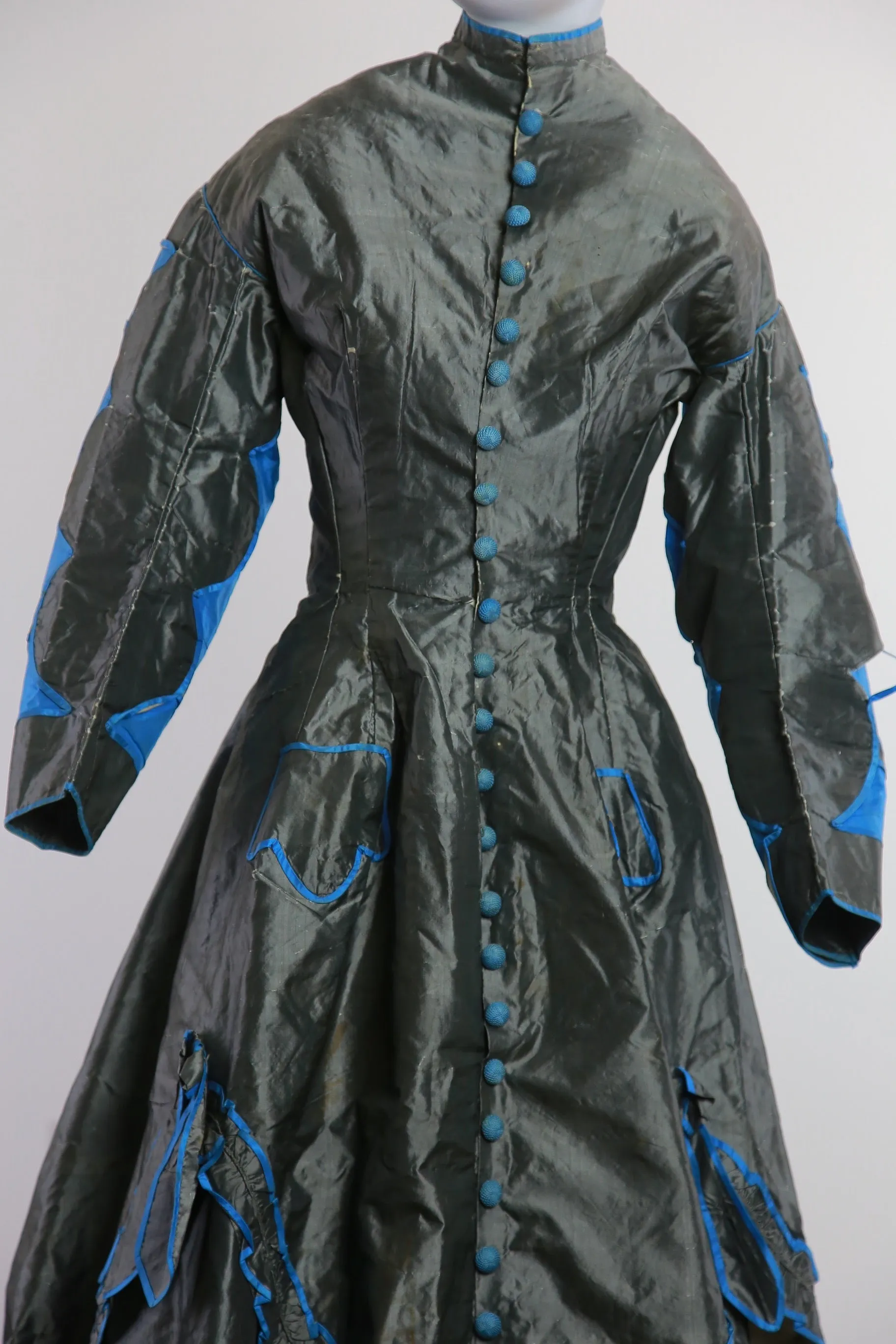 Antique Victorian 1869 early metallic silk polonaise dress