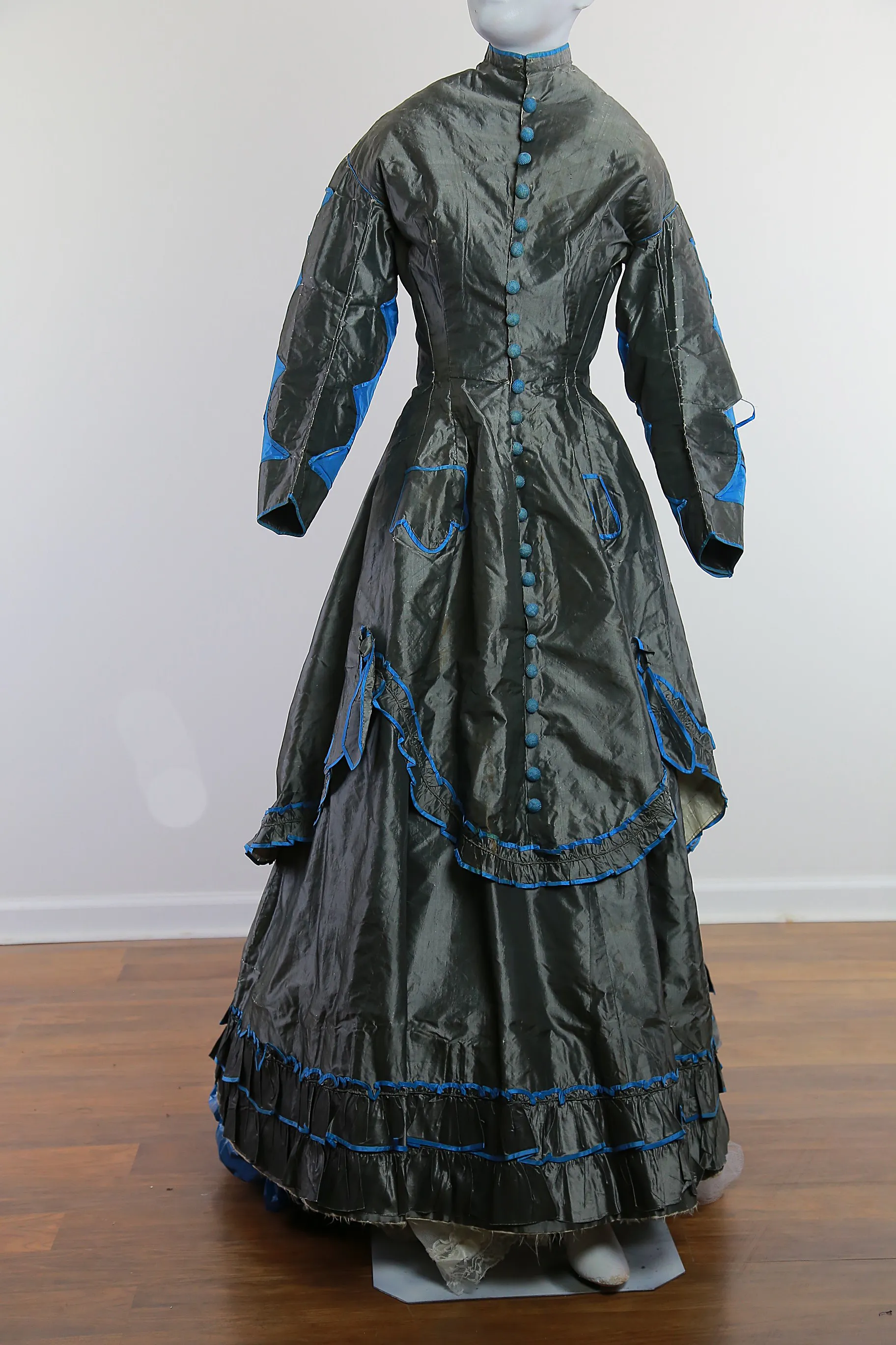 Antique Victorian 1869 early metallic silk polonaise dress