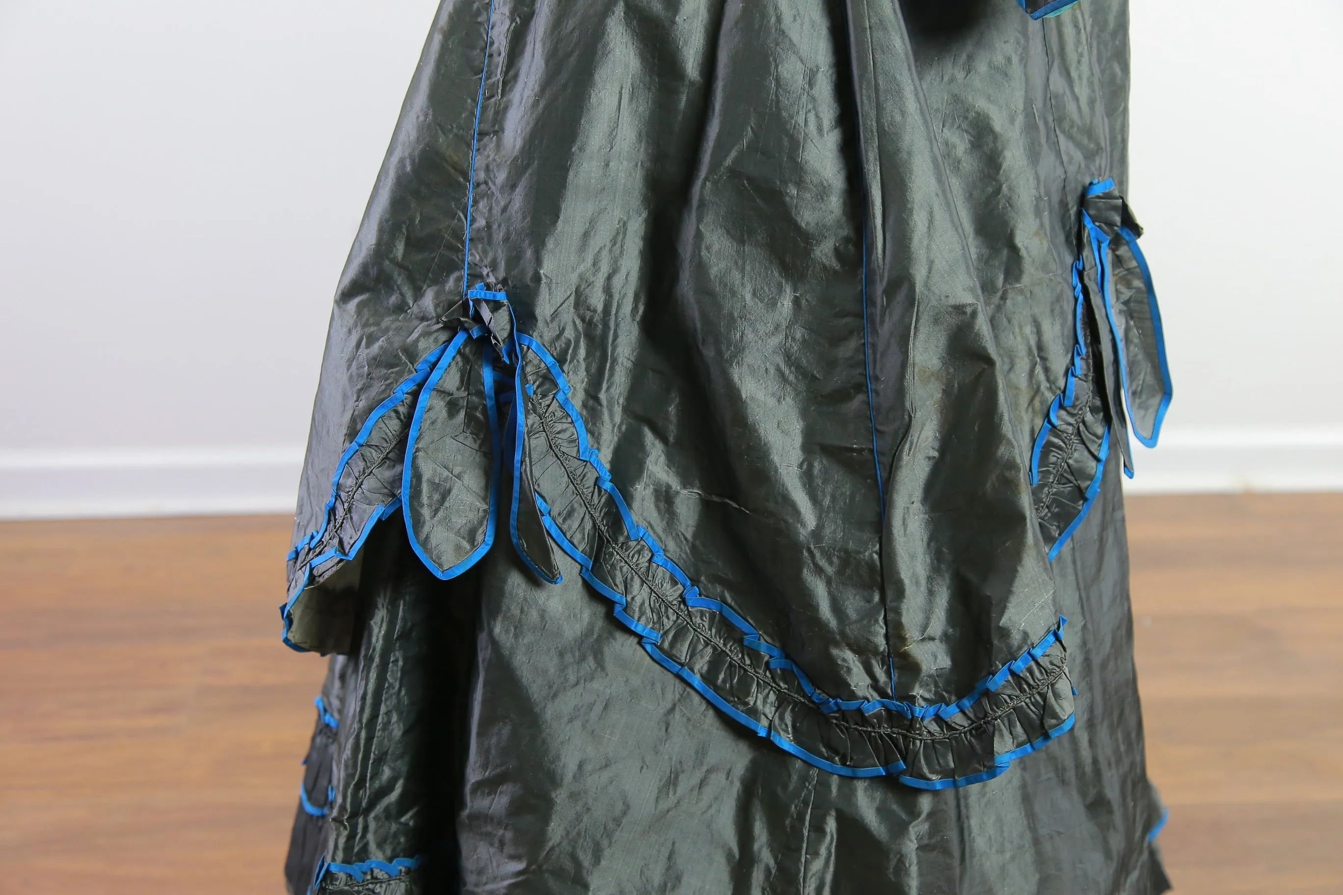 Antique Victorian 1869 early metallic silk polonaise dress