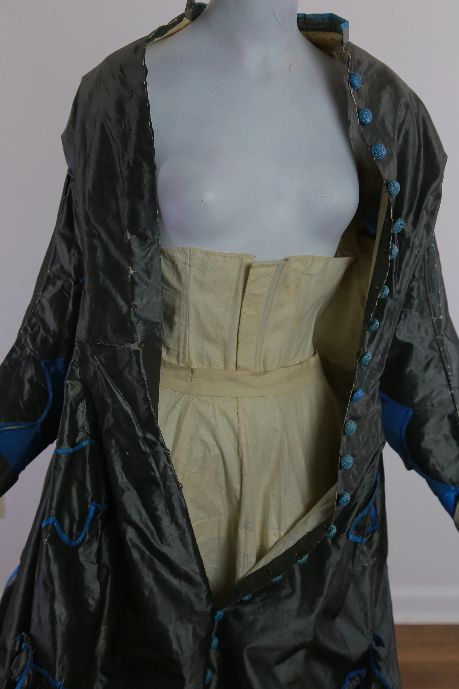 Antique Victorian 1869 early metallic silk polonaise dress