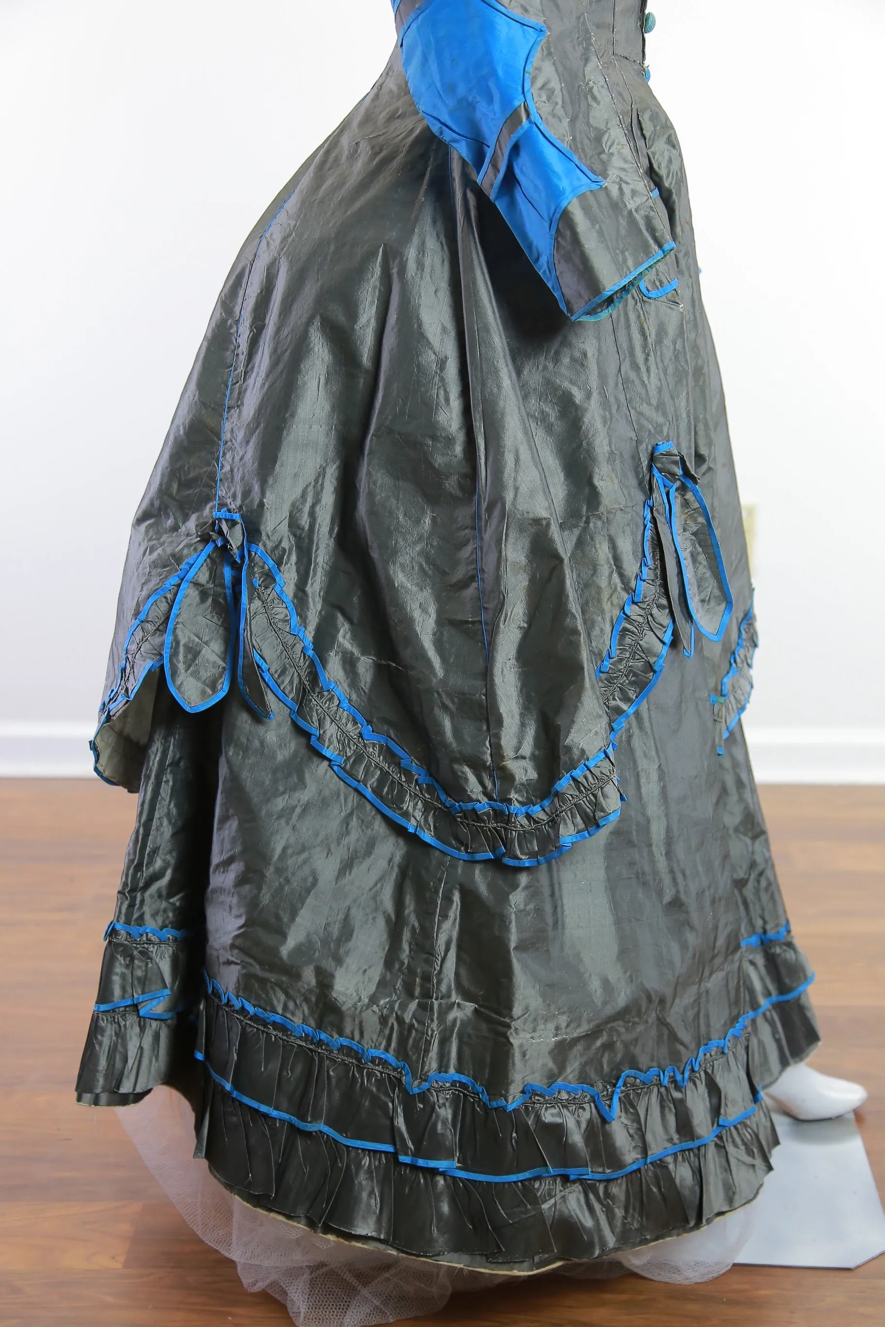 Antique Victorian 1869 early metallic silk polonaise dress