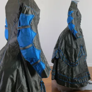 Antique Victorian 1869 early metallic silk polonaise dress