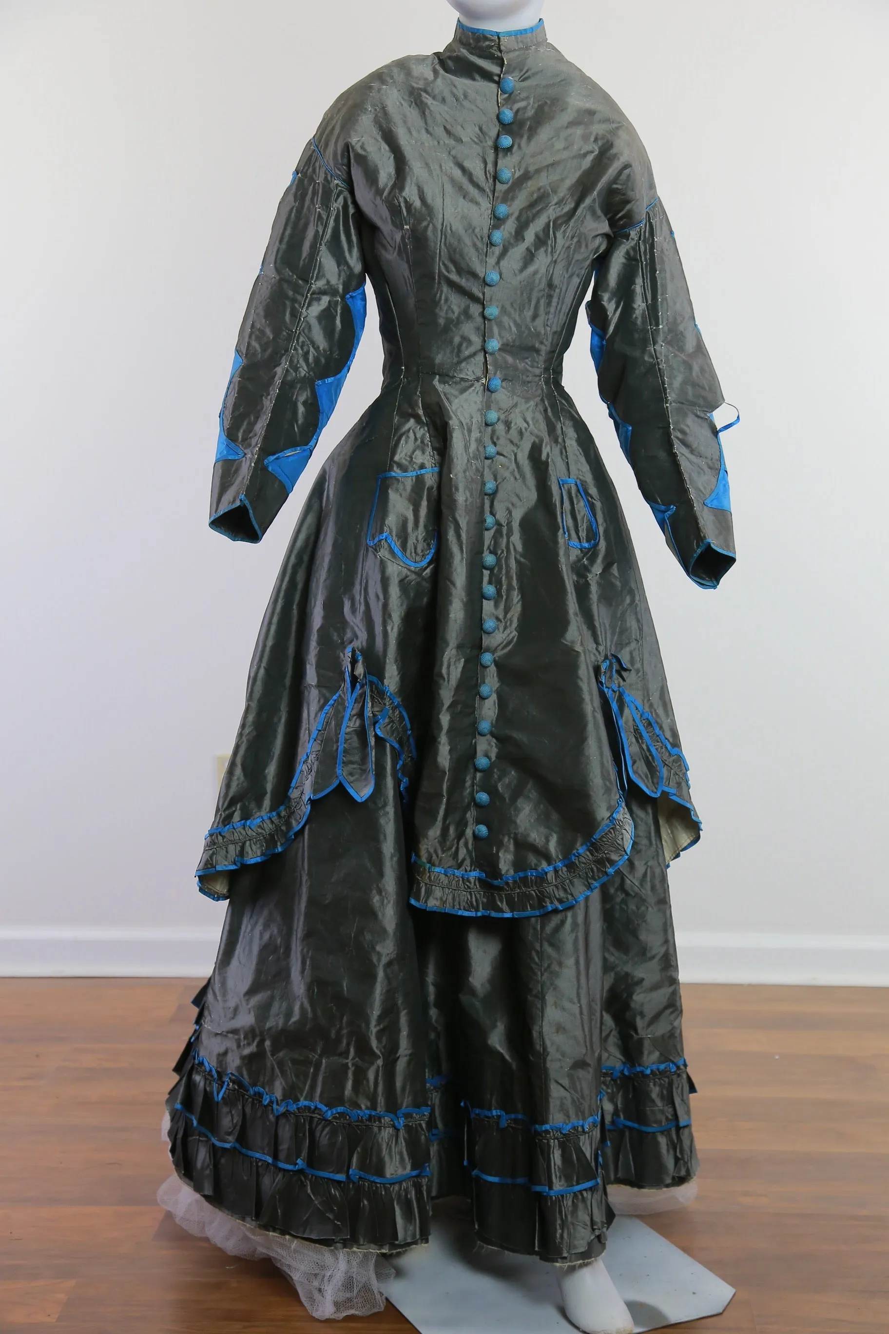 Antique Victorian 1869 early metallic silk polonaise dress