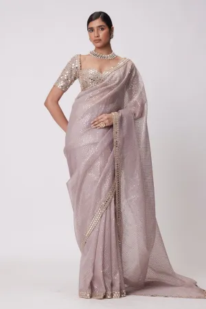 Ash Pink Organza Saree Set