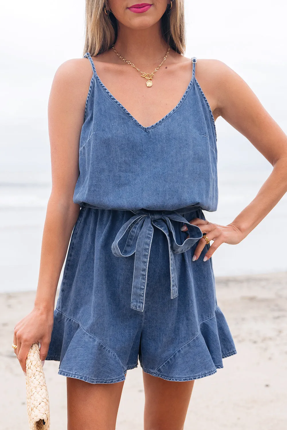 Ashleigh Blue Spaghetti Strap Chambray Romper