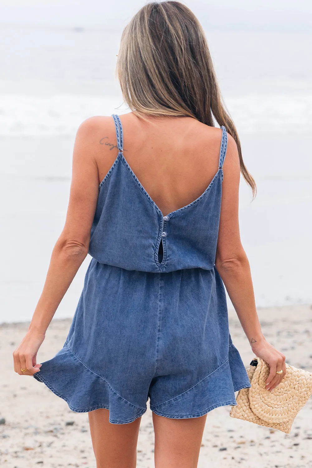 Ashleigh Blue Spaghetti Strap Chambray Romper