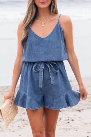 Ashleigh Blue Spaghetti Strap Chambray Romper