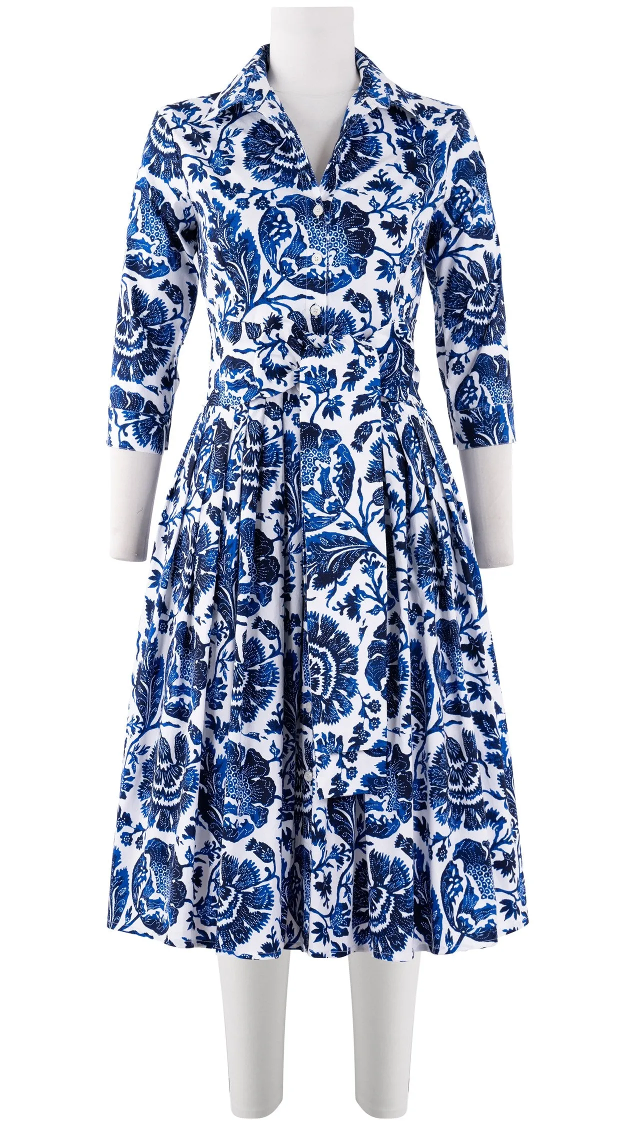 Audrey Dress #2 Shirt Collar 3/4 Sleeve Long Length Cotton Stretch (Indigo Poppies)