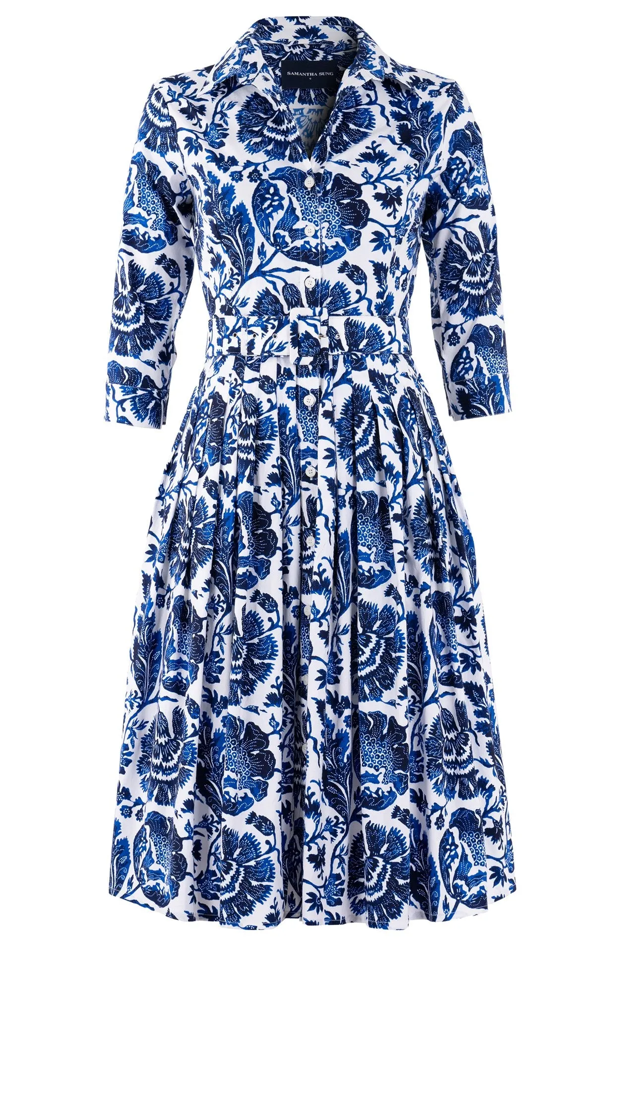 Audrey Dress #2 Shirt Collar 3/4 Sleeve Long Length Cotton Stretch (Indigo Poppies)