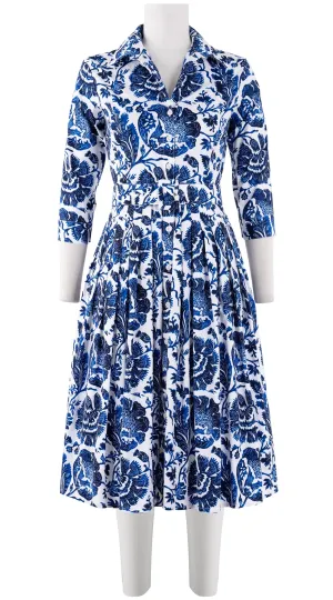 Audrey Dress #2 Shirt Collar 3/4 Sleeve Long Length Cotton Stretch (Indigo Poppies)