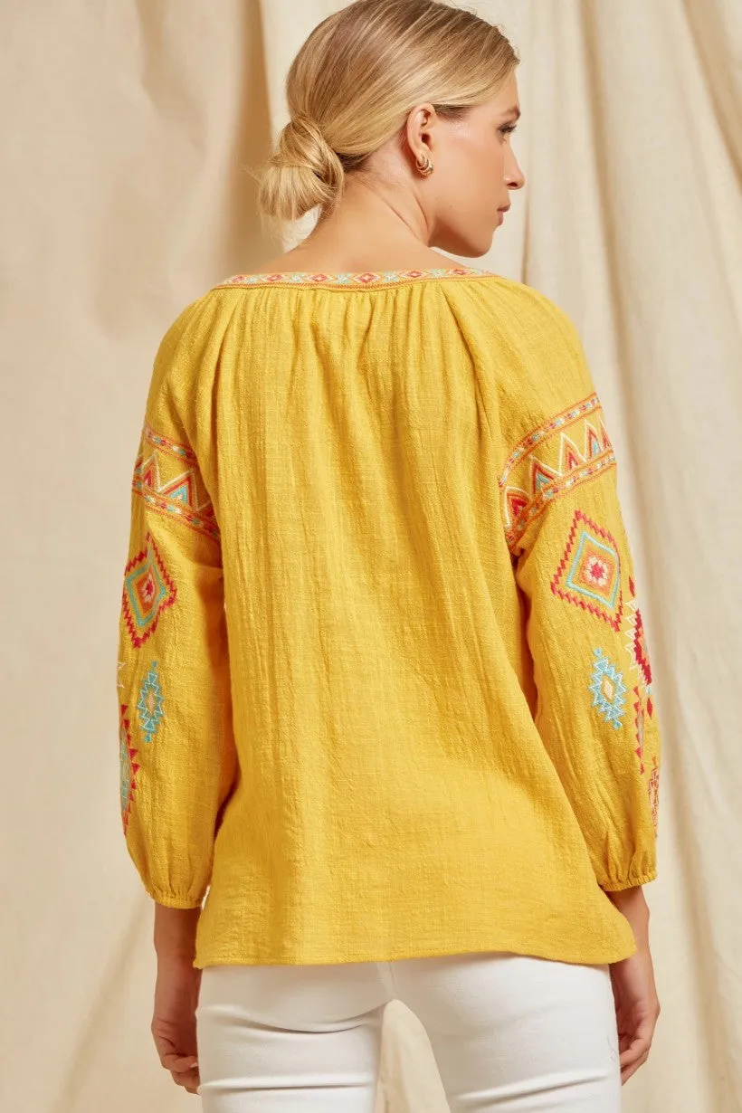 Baylee Bubble Sleeve Tassel Embroidered Blouse