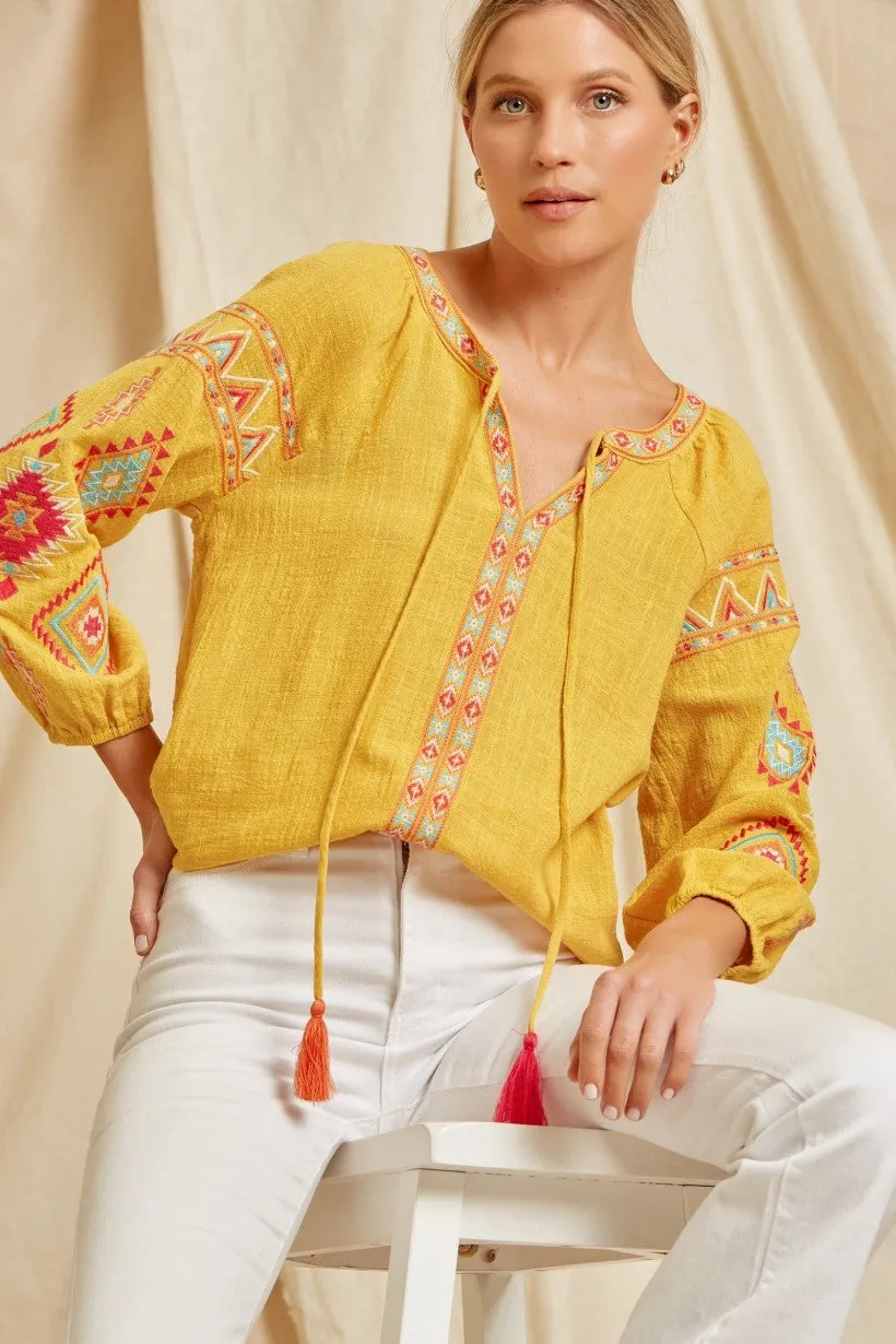 Baylee Bubble Sleeve Tassel Embroidered Blouse