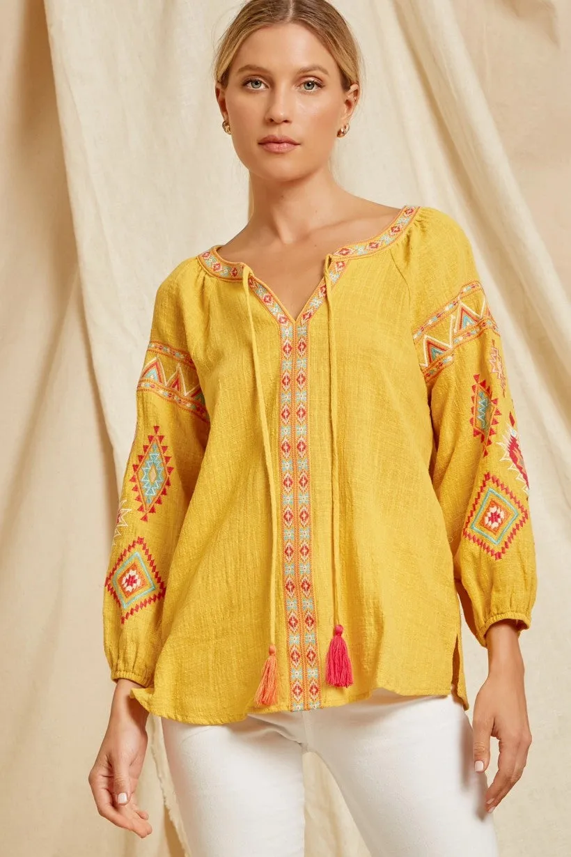 Baylee Bubble Sleeve Tassel Embroidered Blouse