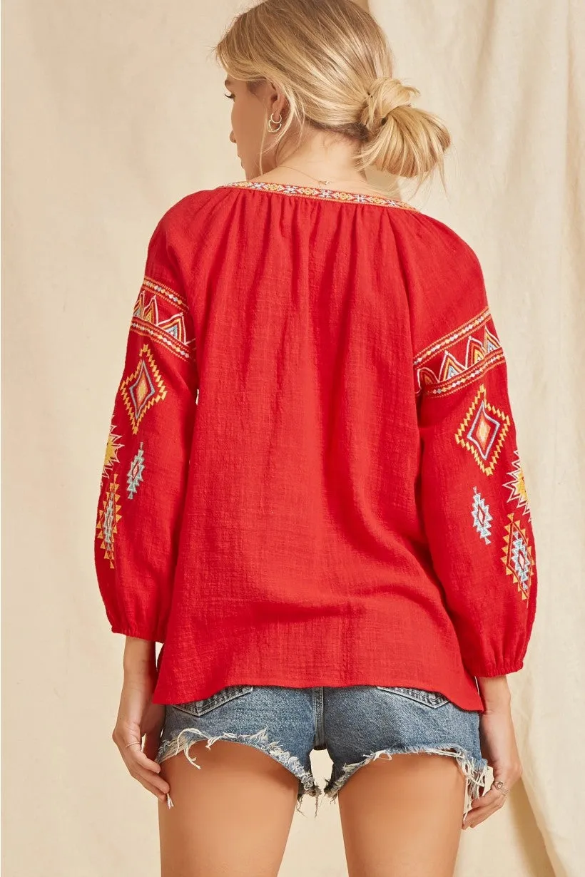 Baylee Bubble Sleeve Tassel Embroidered Blouse