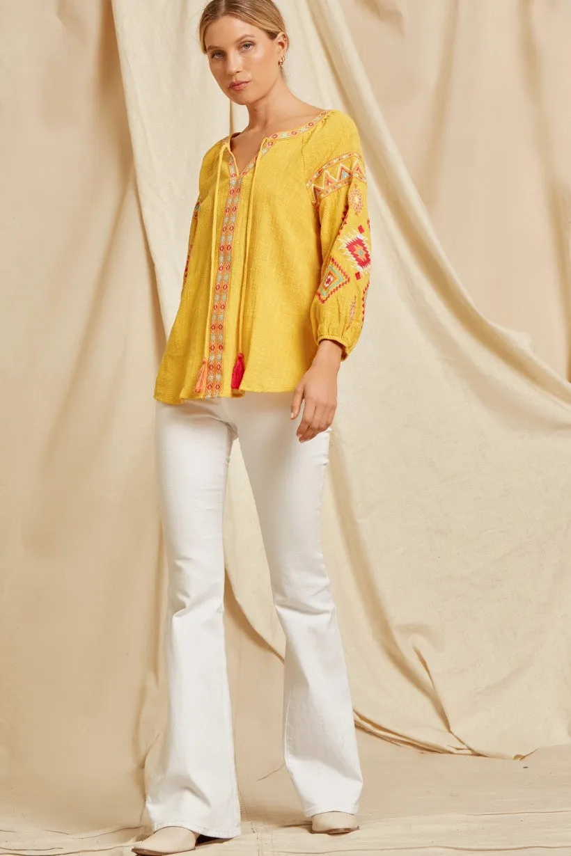 Baylee Bubble Sleeve Tassel Embroidered Blouse