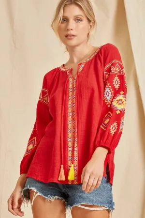 Baylee Bubble Sleeve Tassel Embroidered Blouse