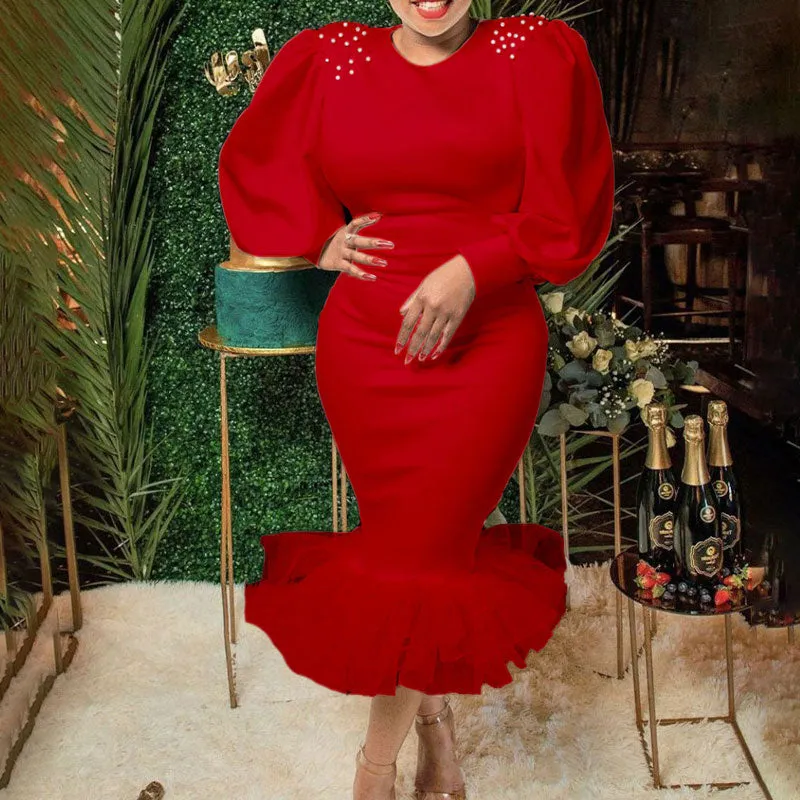 Beaded Round Neck Long Sleeve Sheer Mesh Patchwork Midi Dress