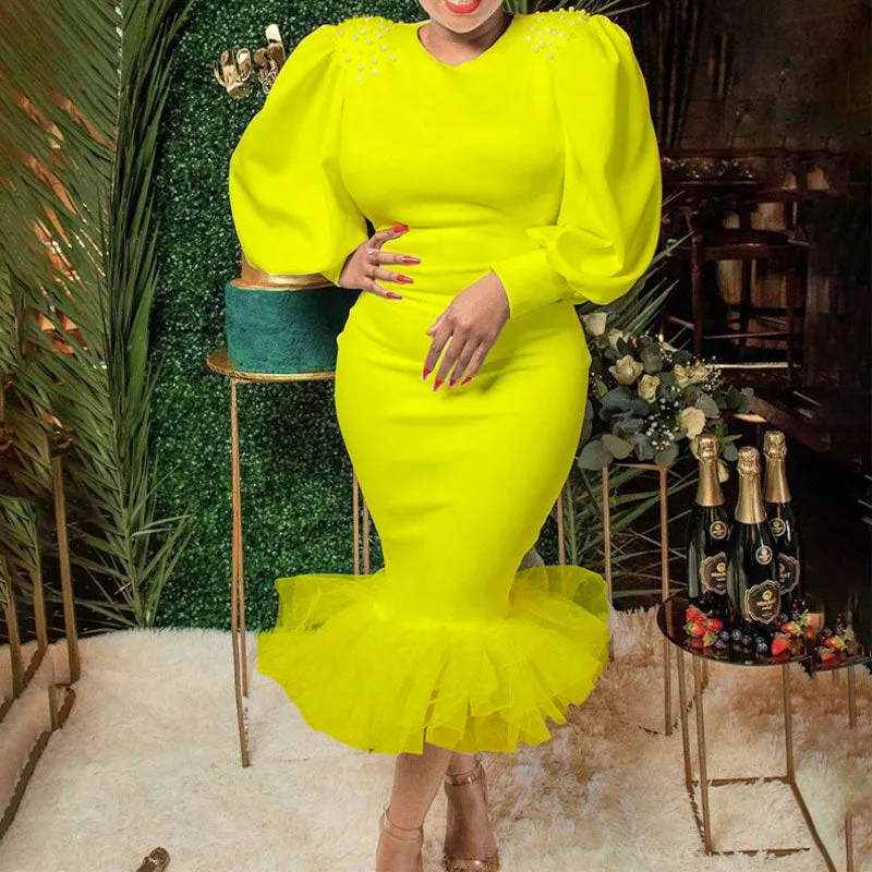 Beaded Round Neck Long Sleeve Sheer Mesh Patchwork Midi Dress