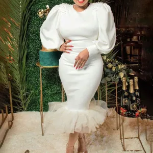 Beaded Round Neck Long Sleeve Sheer Mesh Patchwork Midi Dress