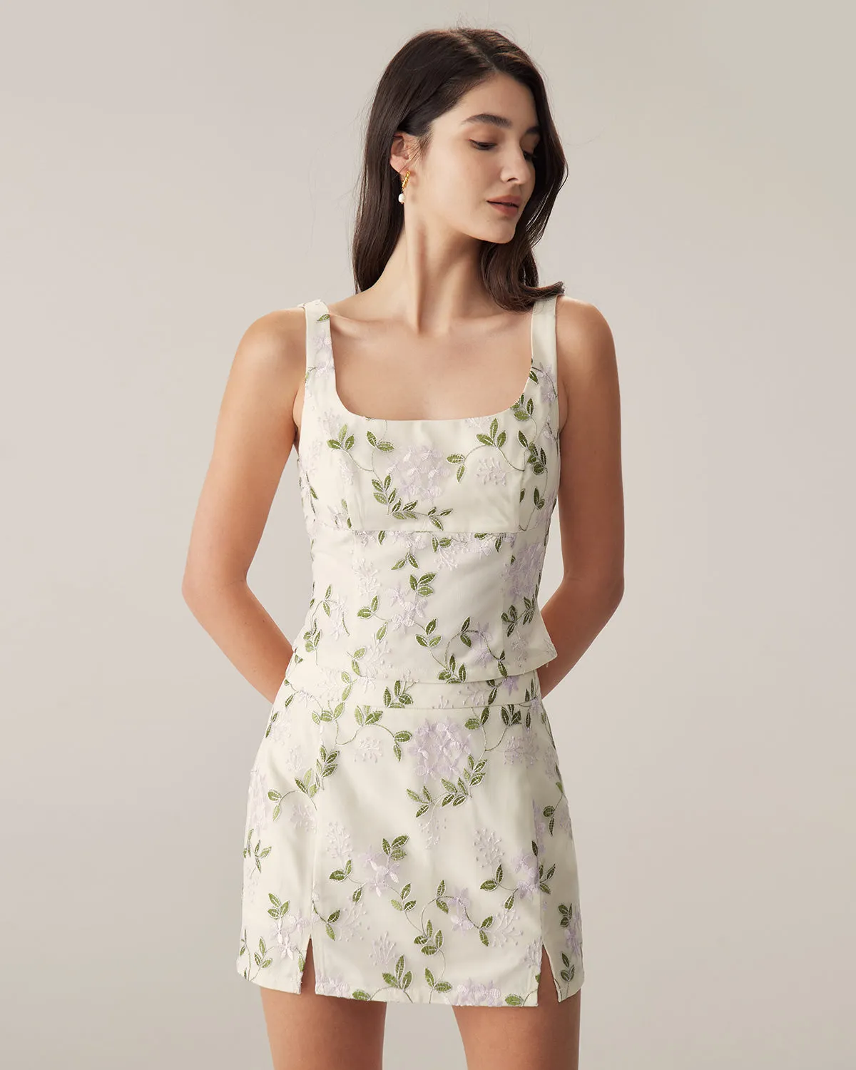 Beige Floral Straight Mini Skirt
