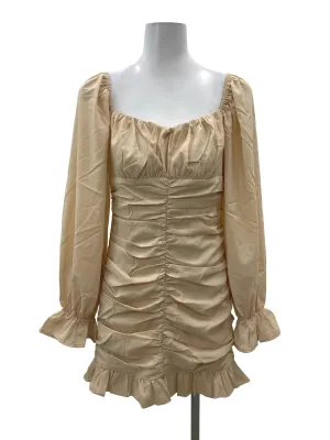 Beige Ruched Bodycon Long Sleeve Dress
