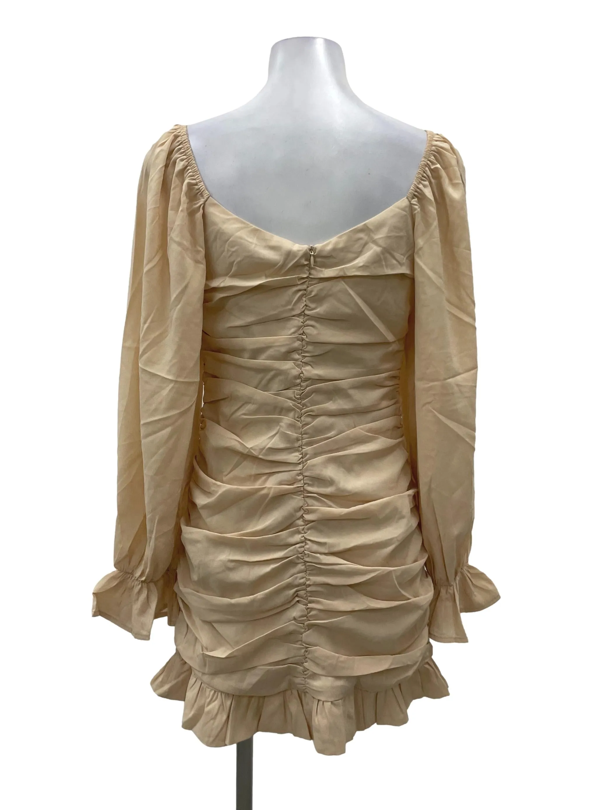 Beige Ruched Bodycon Long Sleeve Dress