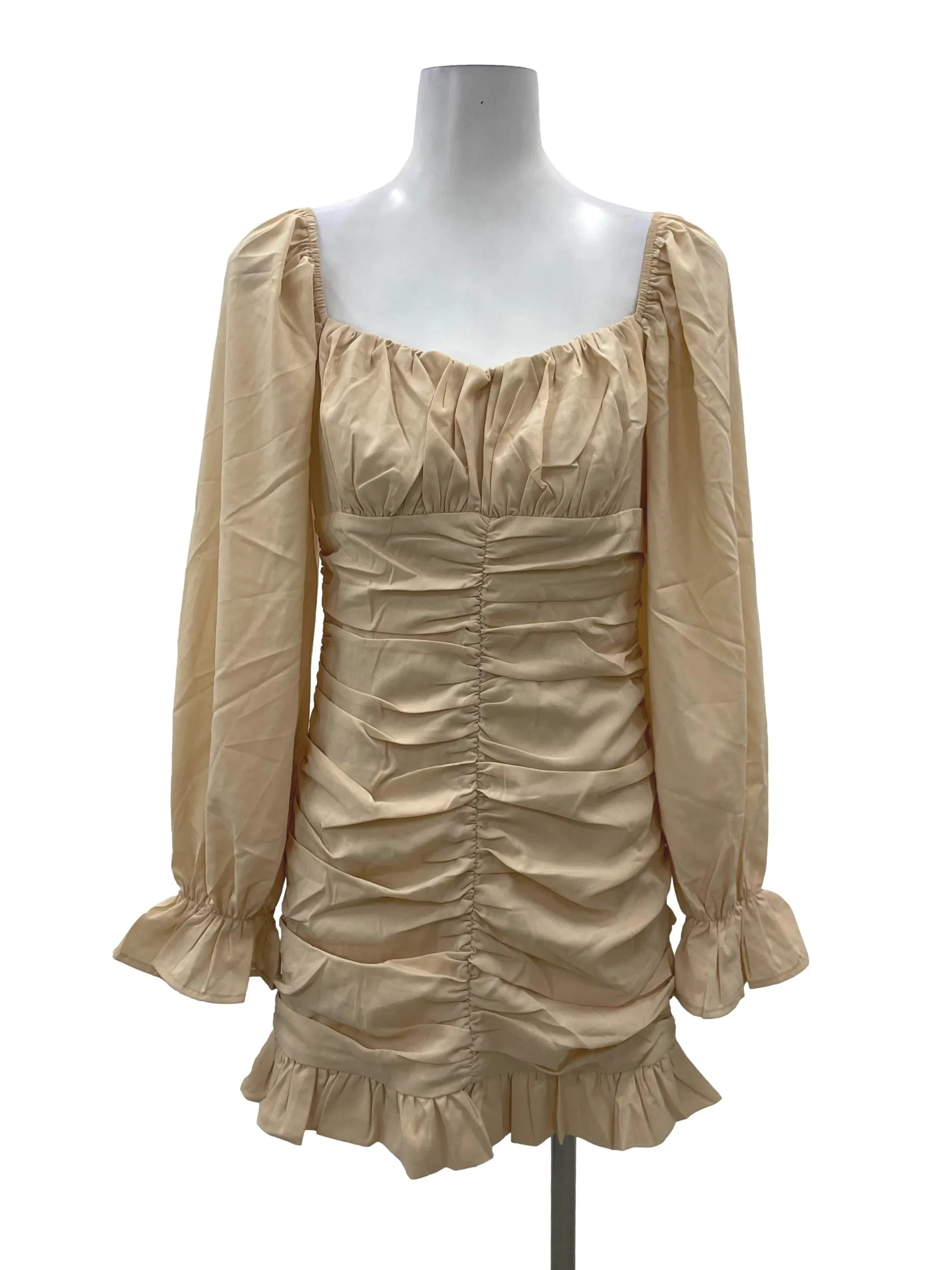 Beige Ruched Bodycon Long Sleeve Dress