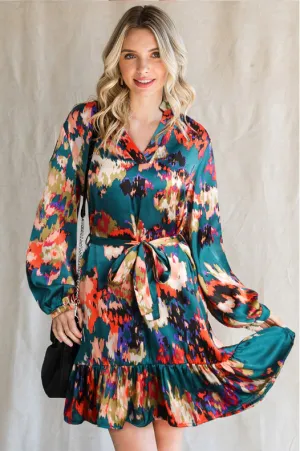 BerryBetty - Fashion Ruffled Belt Abstract Printed Dress