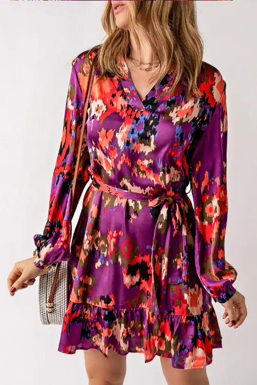 BerryBetty - Fashion Ruffled Belt Abstract Printed Dress