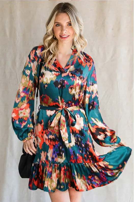 BerryBetty - Fashion Ruffled Belt Abstract Printed Dress