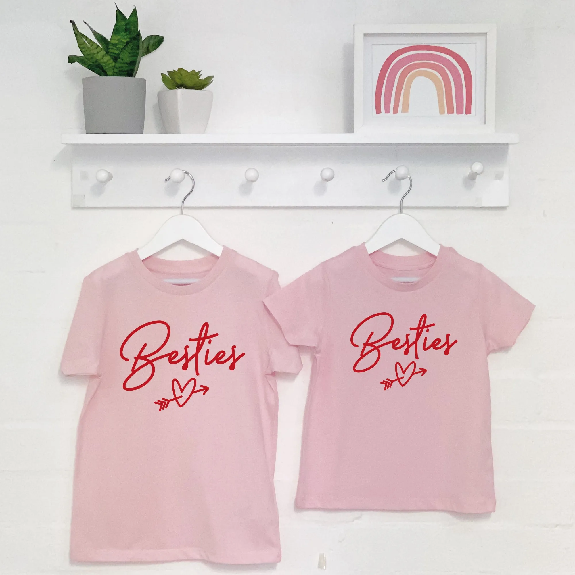Besties Heart Matching Girls T Shirts In Pink