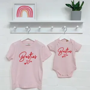 Besties Heart Matching Girls T Shirts In Pink