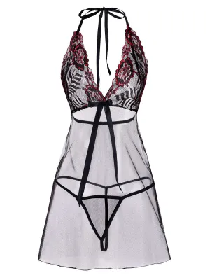 Black 1950s Lace-Up Halter Embroidered Sheer Nightdress