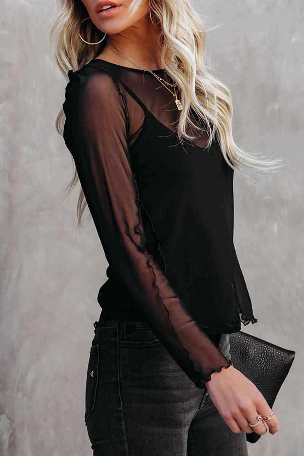 Black Accent Seam Sheer Long Sleeve Mesh Top