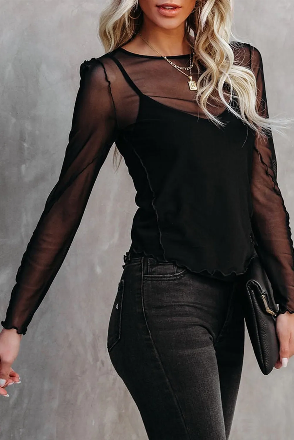 Black Accent Seam Sheer Long Sleeve Mesh Top