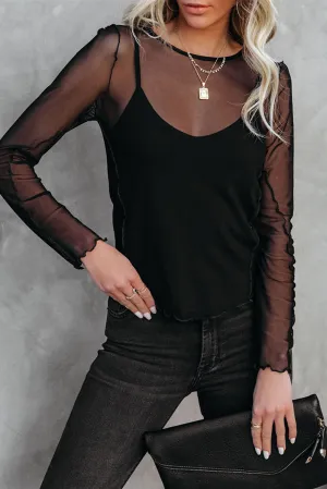 Black Accent Seam Sheer Long Sleeve Mesh Top