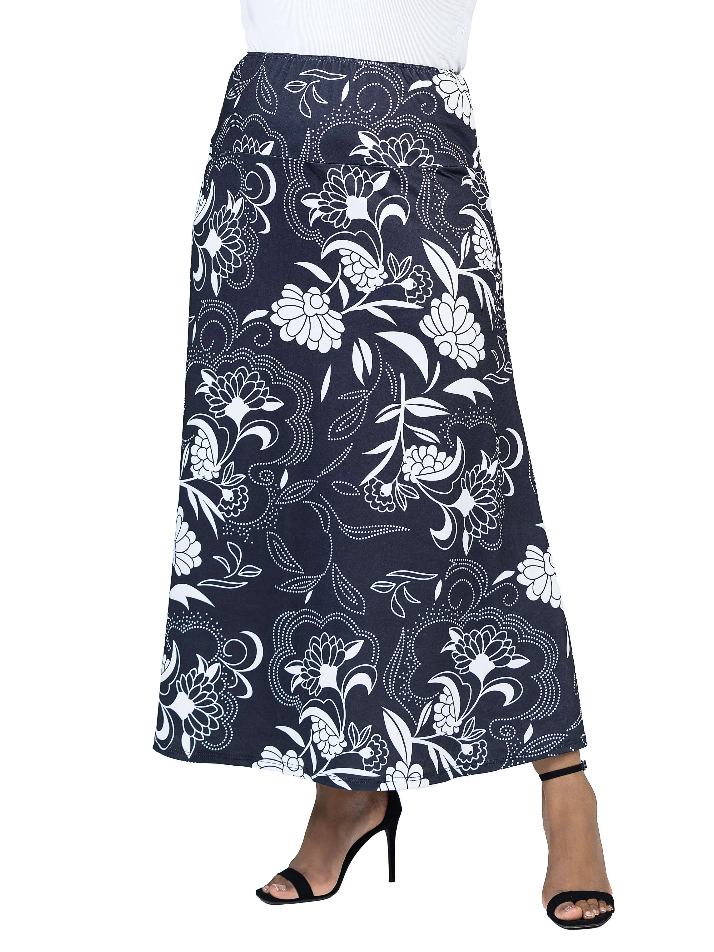 Black and White Floral Plus Size Elastic Waist Ankle Length Comfortable Maxi Skirt