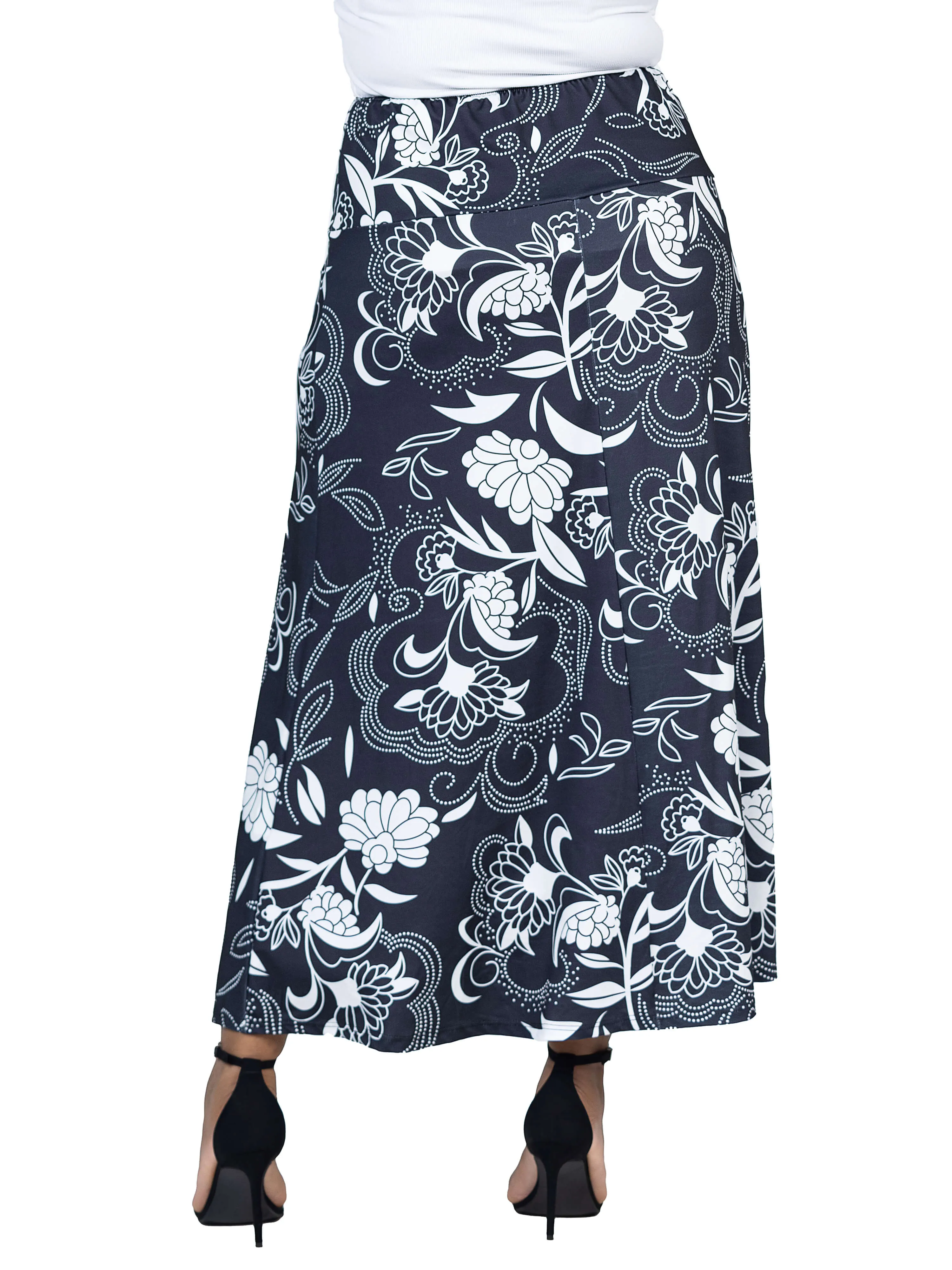 Black and White Floral Plus Size Elastic Waist Ankle Length Comfortable Maxi Skirt