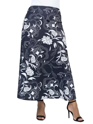 Black and White Floral Plus Size Elastic Waist Ankle Length Comfortable Maxi Skirt