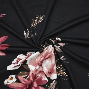 Black-Burgundy-Multi Cotton Floral Print Stretch Spandex Jersey Knit Fabric