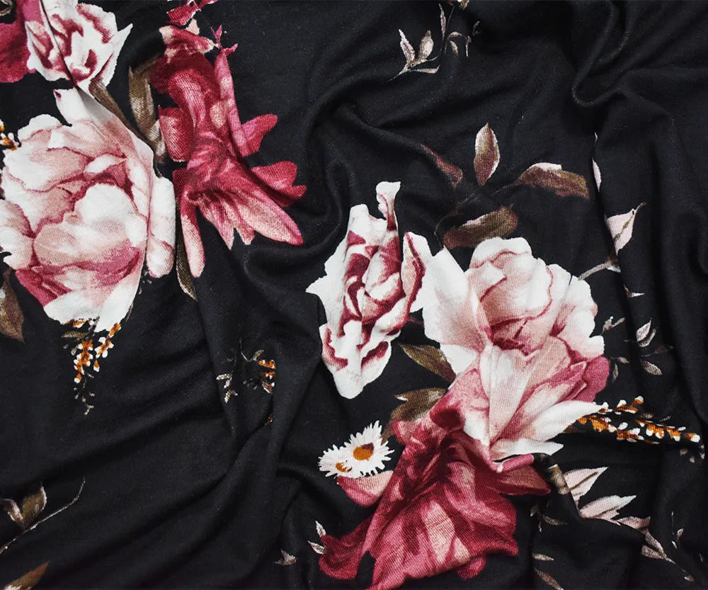 Black-Burgundy-Multi Cotton Floral Print Stretch Spandex Jersey Knit Fabric